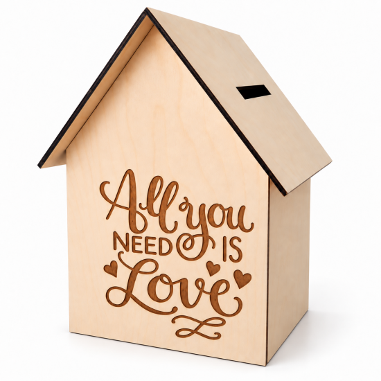 Κουτί Ευχών Γάμου Σπιτάκι «All You Need Is Love» – Προσωποποιημένο Ξύλινο Κουτί Γάμου για Φακελάκια, με Εσοχή Επάνω, 25x25x40 cm  